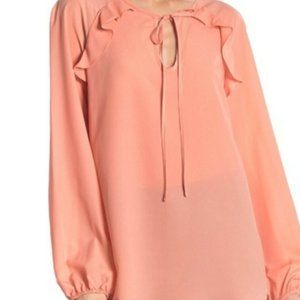 BCBGMAXARIA coral pink tie neck blouse top size L like new